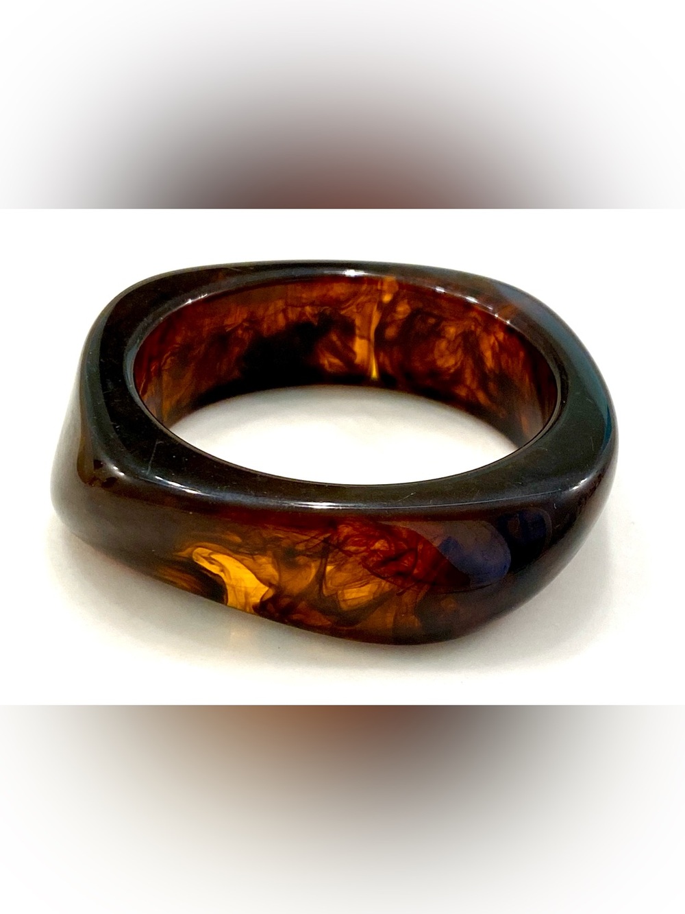 Vintage Mod Square Dark Tortoiseshell Resin Bangle Bracelet Chunky Amber Flame